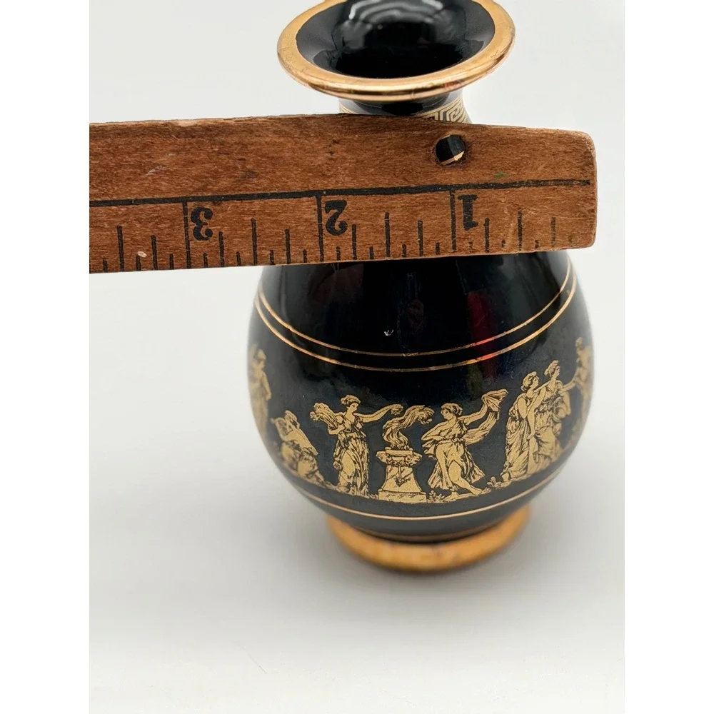 D. Vassilopoulos Greece Hand Made 24K Gold Black Ceramic Bud Vase Greek Figures